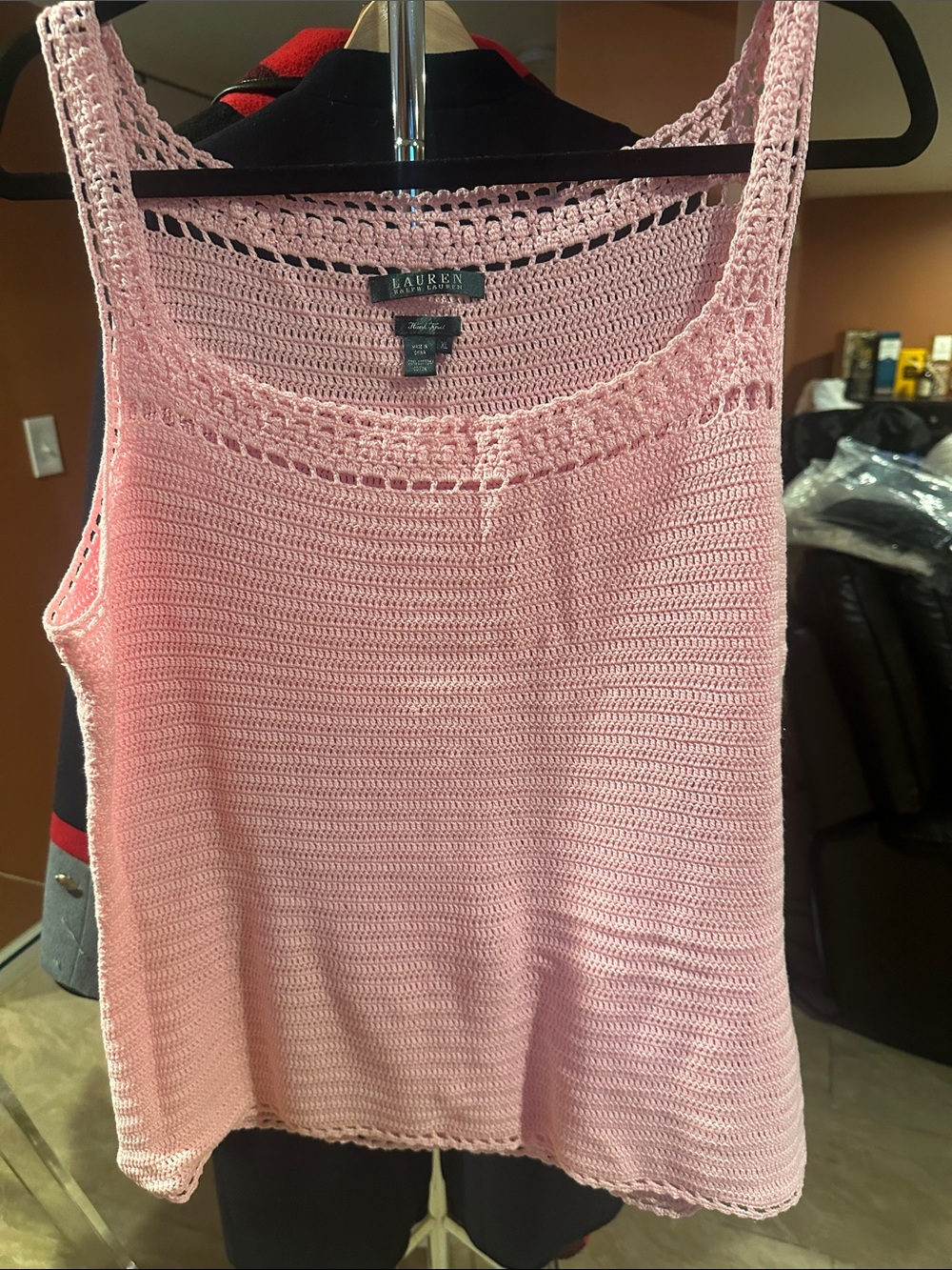 Lauren Ralph Lauren Light Pink Crochet Trim Knit Tank